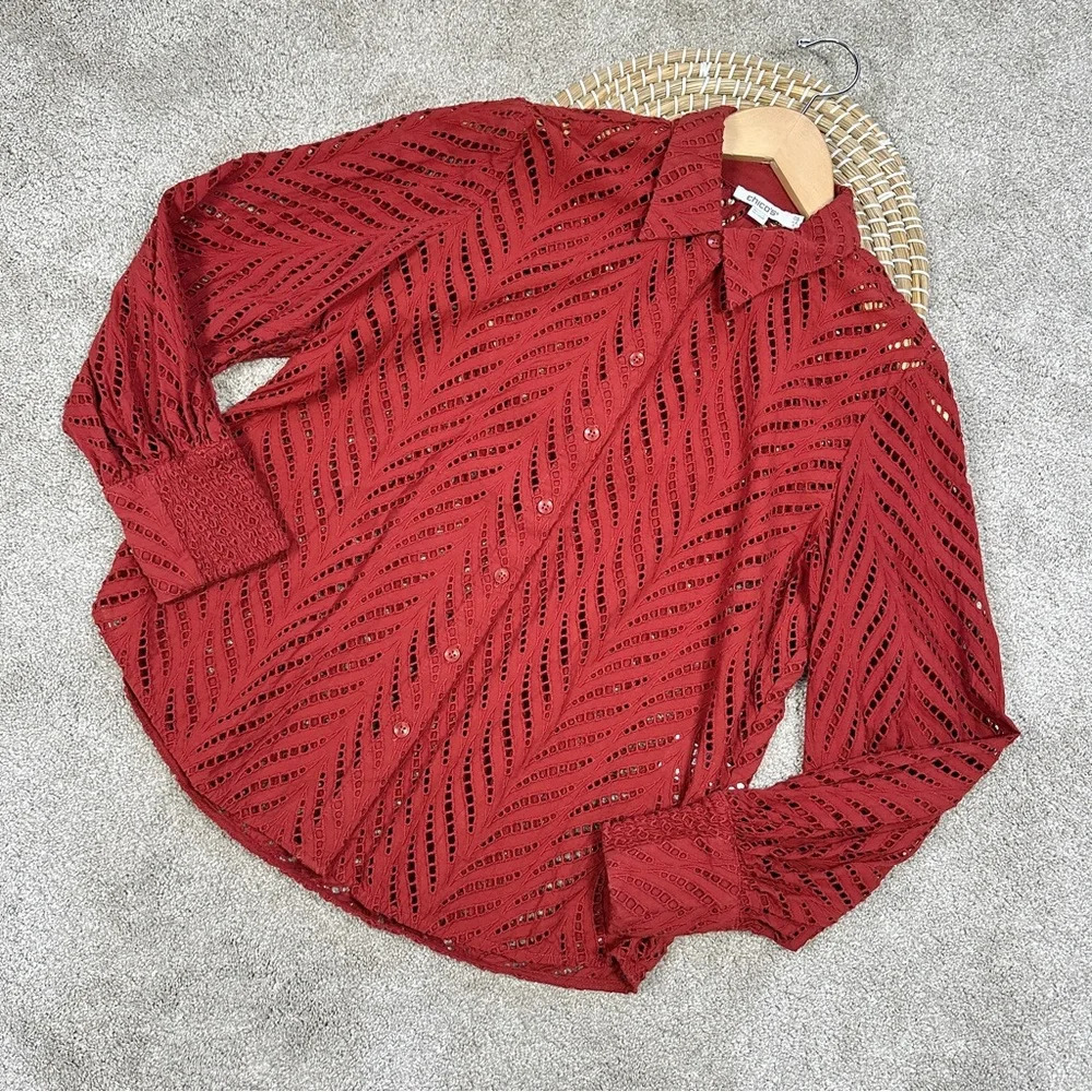 Chico's Red/Rust Eyelet Point-Collar Button-Down - Picture 4 of 15